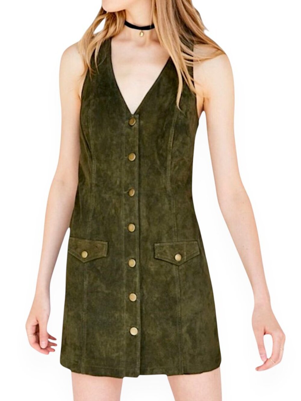 Cooperative UO Paulina Olive Green Suede Leather Button Down Mini Jumper Dress S